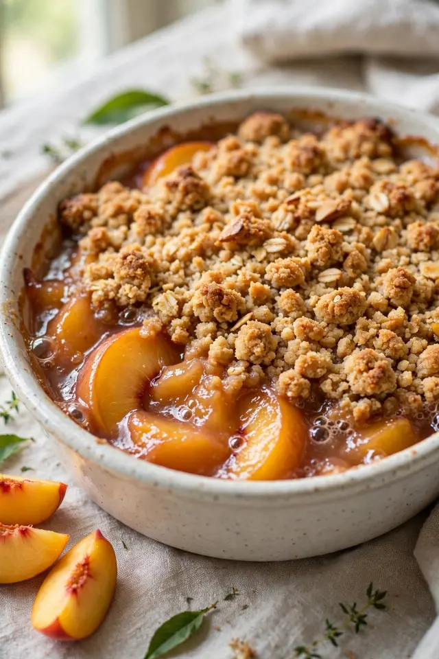 Vegan peach cobbler with dairy-free golden topping