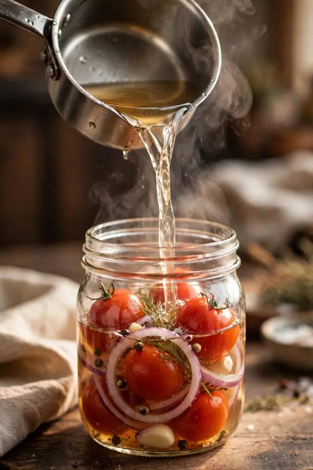  Pouring brine over cherry tomatoes onion cucumber for quick pickling