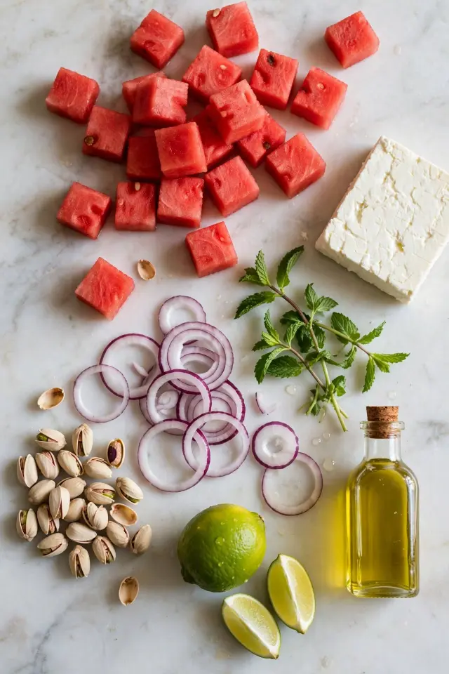 Ingredients for watermelon salad including feta, mint, and lime