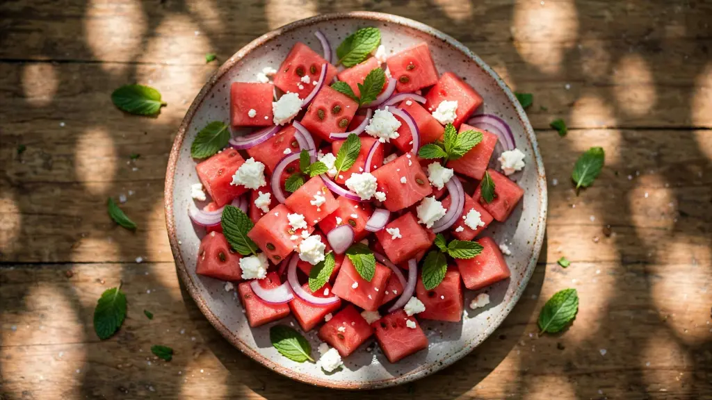 Watermelon salad with feta, mint, and lime on a rustic platter