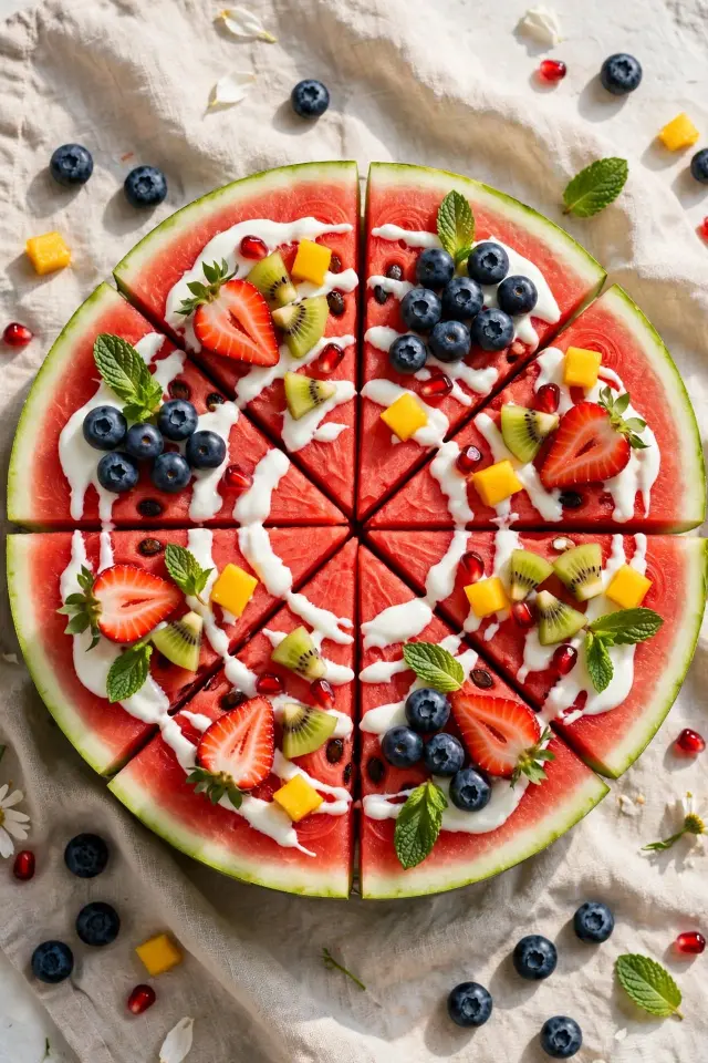 Watermelon pizza, a fun fruit platter idea for kids