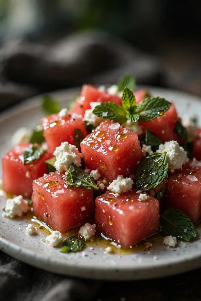Close-up of watermelon feta salad with mint and lime dressing