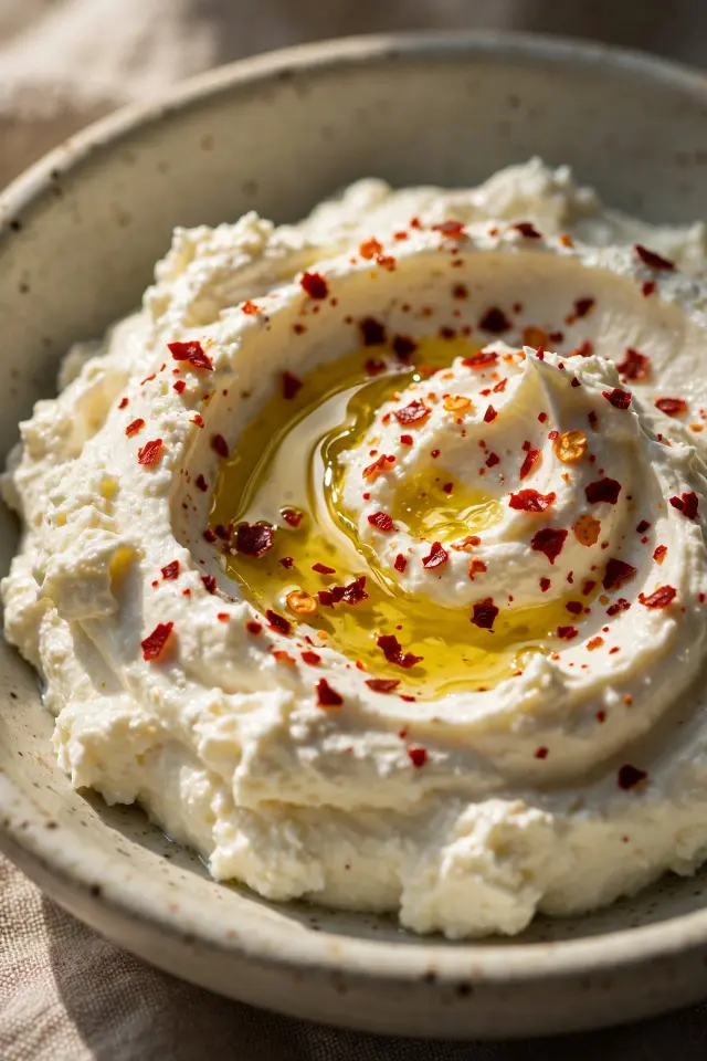 Whipped feta and Greek yogurt dip with olive oil and chili flakes