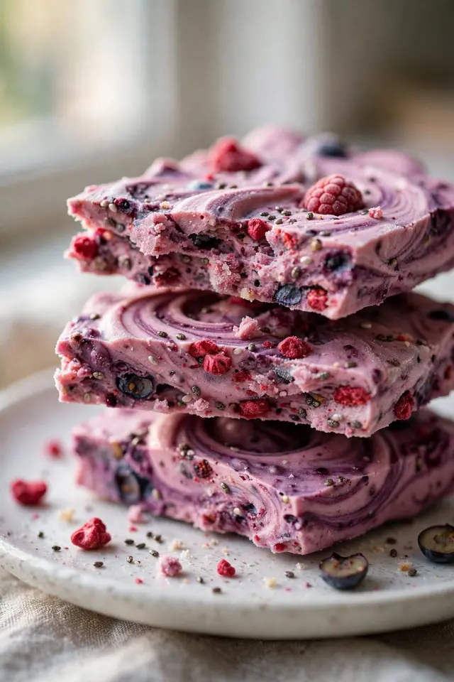 Mixed berry swirl frozen yogurt bark with visible fruit ribbons
