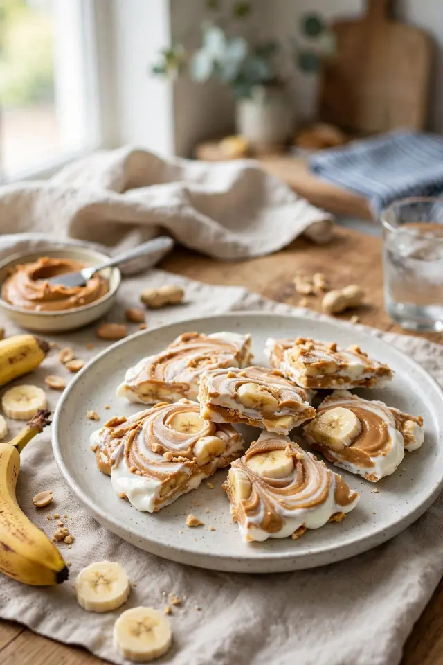 Banana peanut butter frozen yogurt bark pieces