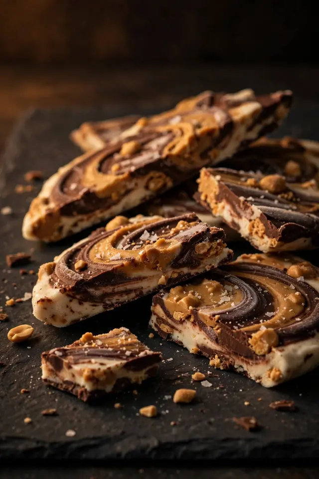  Dark chocolate peanut butter frozen yogurt bark pieces on slate