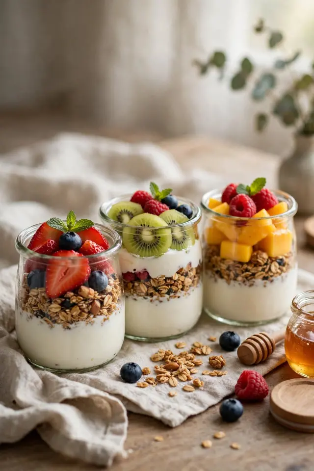 Mini fruit parfaits, a fruit platter idea for kids breakfast