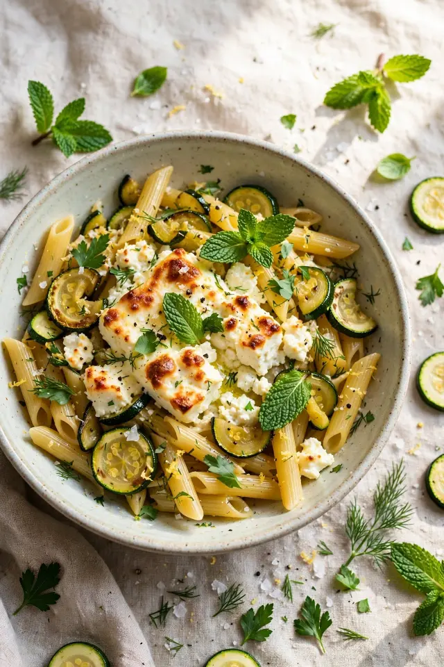 Zucchini and mint baked feta pasta dish