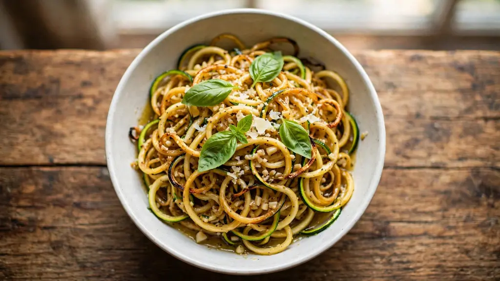 Bowl of zucchini zoodle pasta topped with parmesan and fresh basil