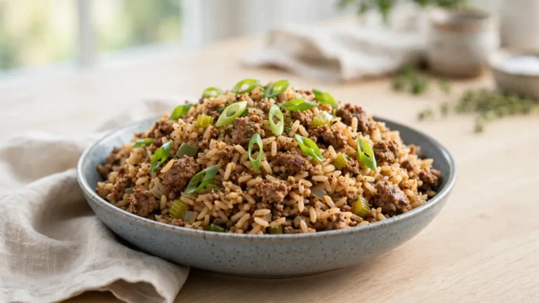 Bowl of Cajun dirty rice with green onions