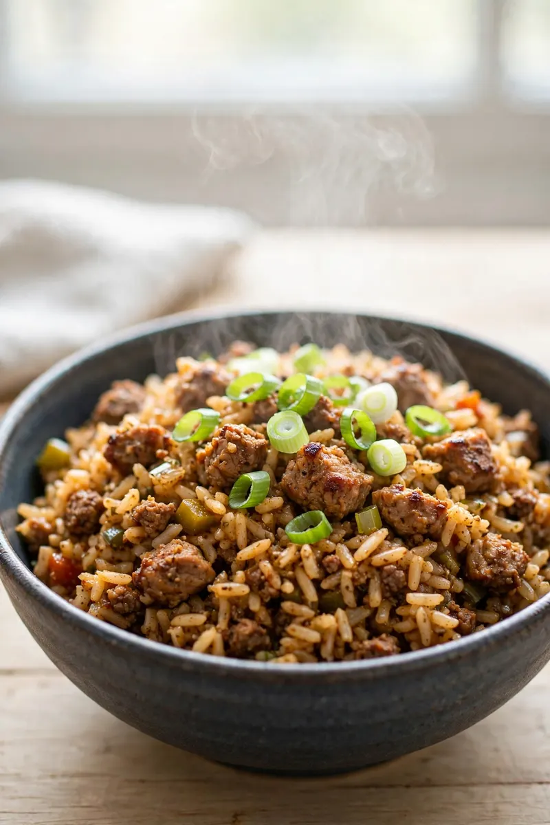 Steaming bowl of dirty rice with green onions