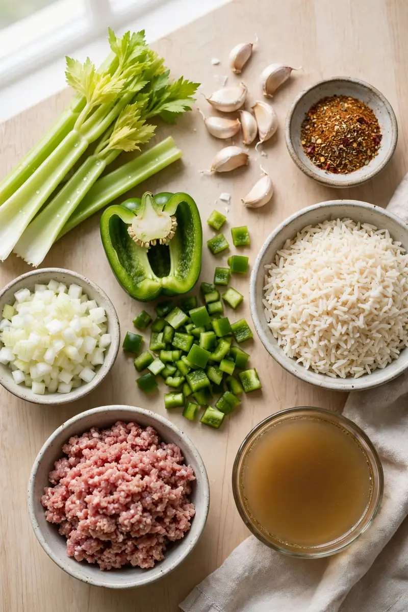 Dirty rice ingredients arranged on a wooden table