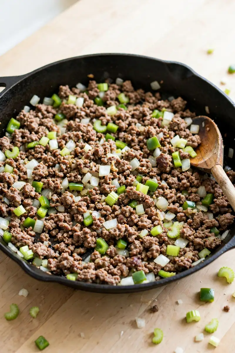 Ground meat browning with onion, bell pepper and celery in a skillet