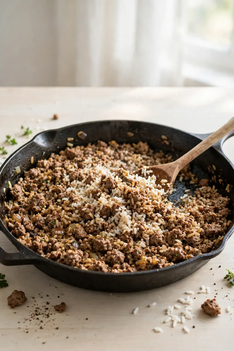 Cooked rice being folded into seasoned meat in a skillet
