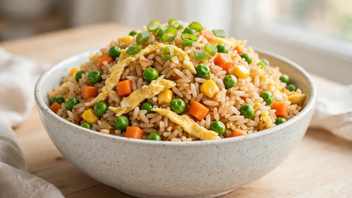Bowl of homemade fried rice with peas, carrots, corn and egg