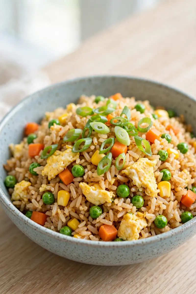 Close-up of homemade fried rice garnished with green onions
