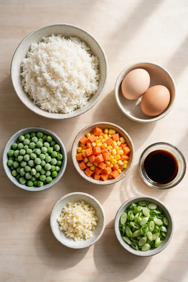 Ingredients for homemade fried rice arranged on a wooden table