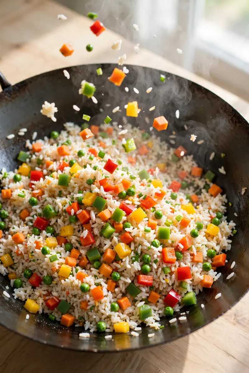 Fried rice with vegetables stir-frying in a wok