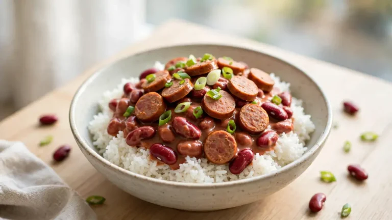 Bowl of red beans and rice with smoked sausage and green onions