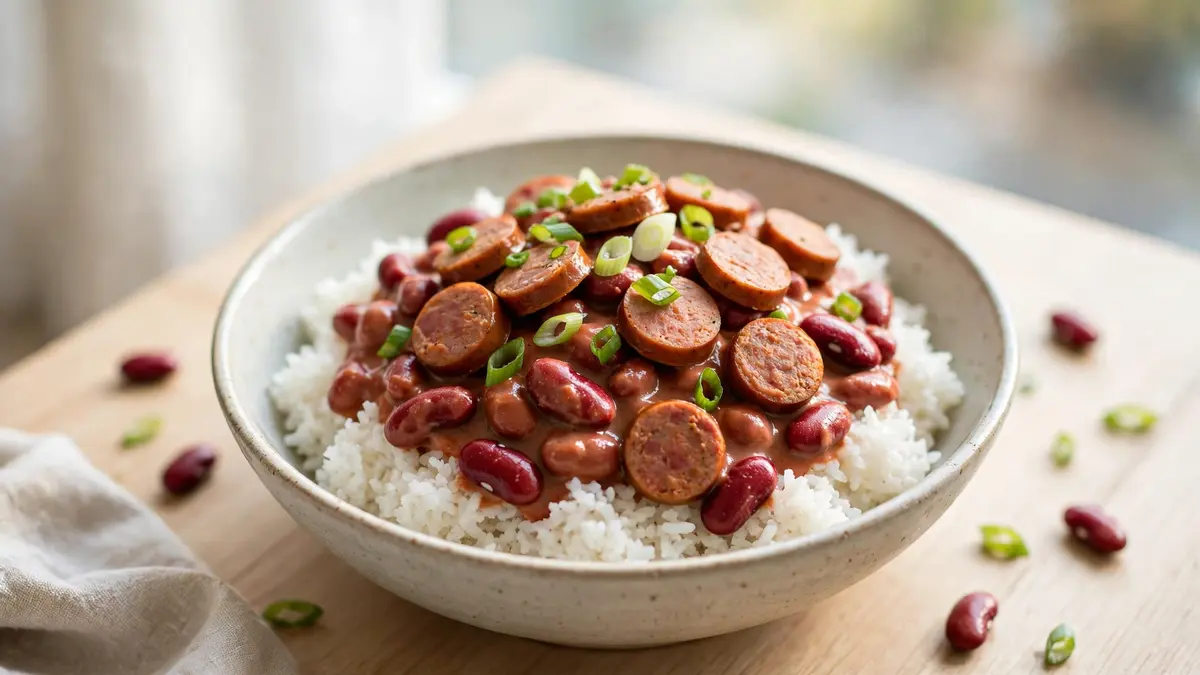 Bowl of red beans and rice with smoked sausage and green onions