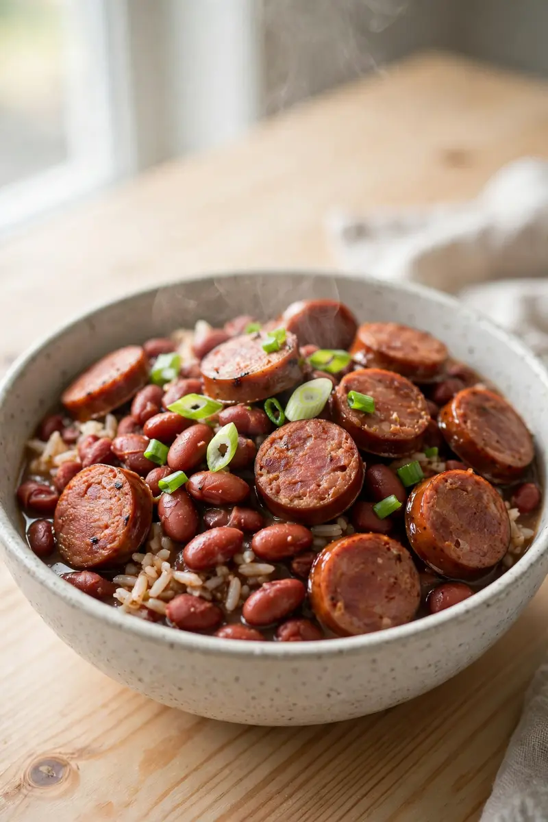 Close-up of red beans and rice with sausage and green onions