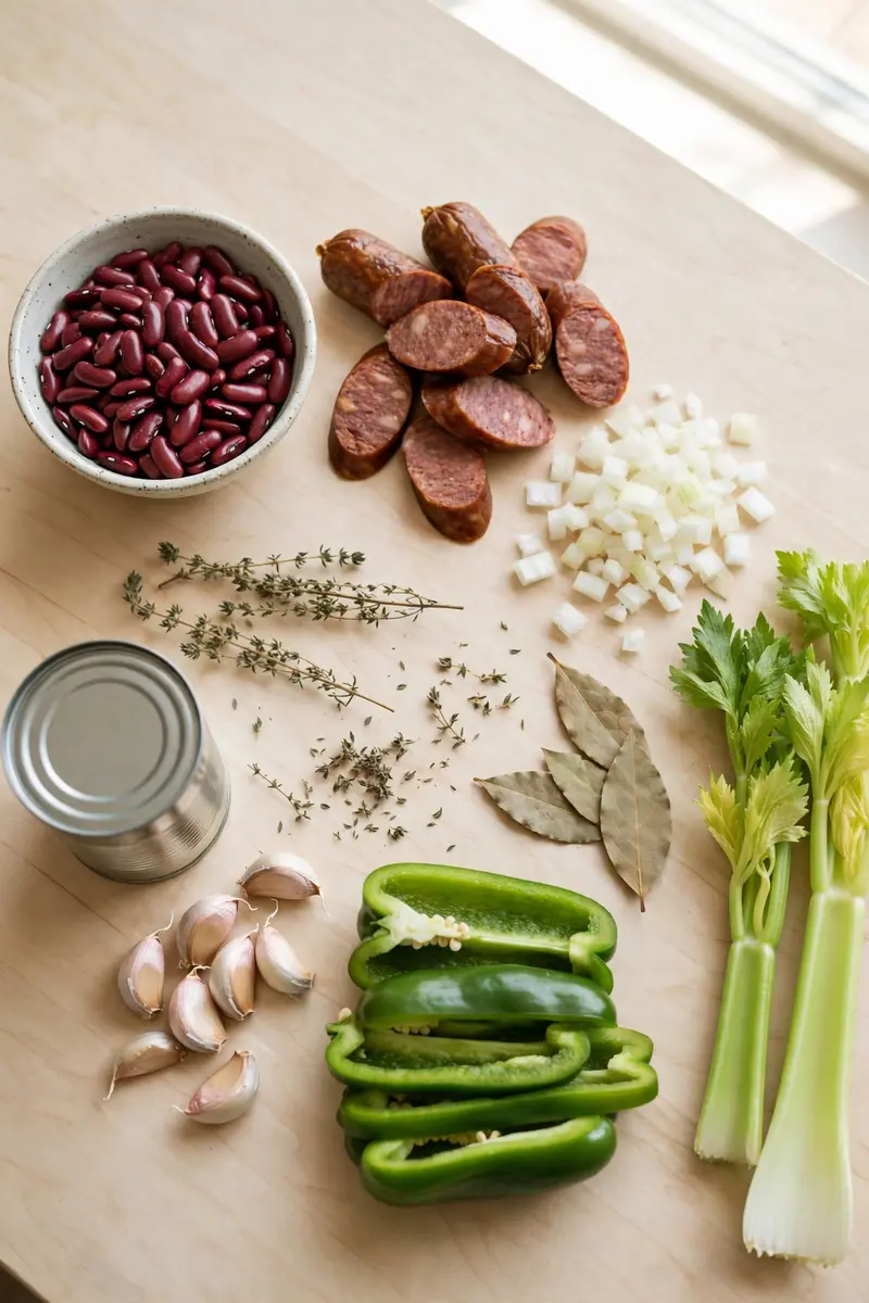 Red beans and rice ingredients arranged on a wooden table