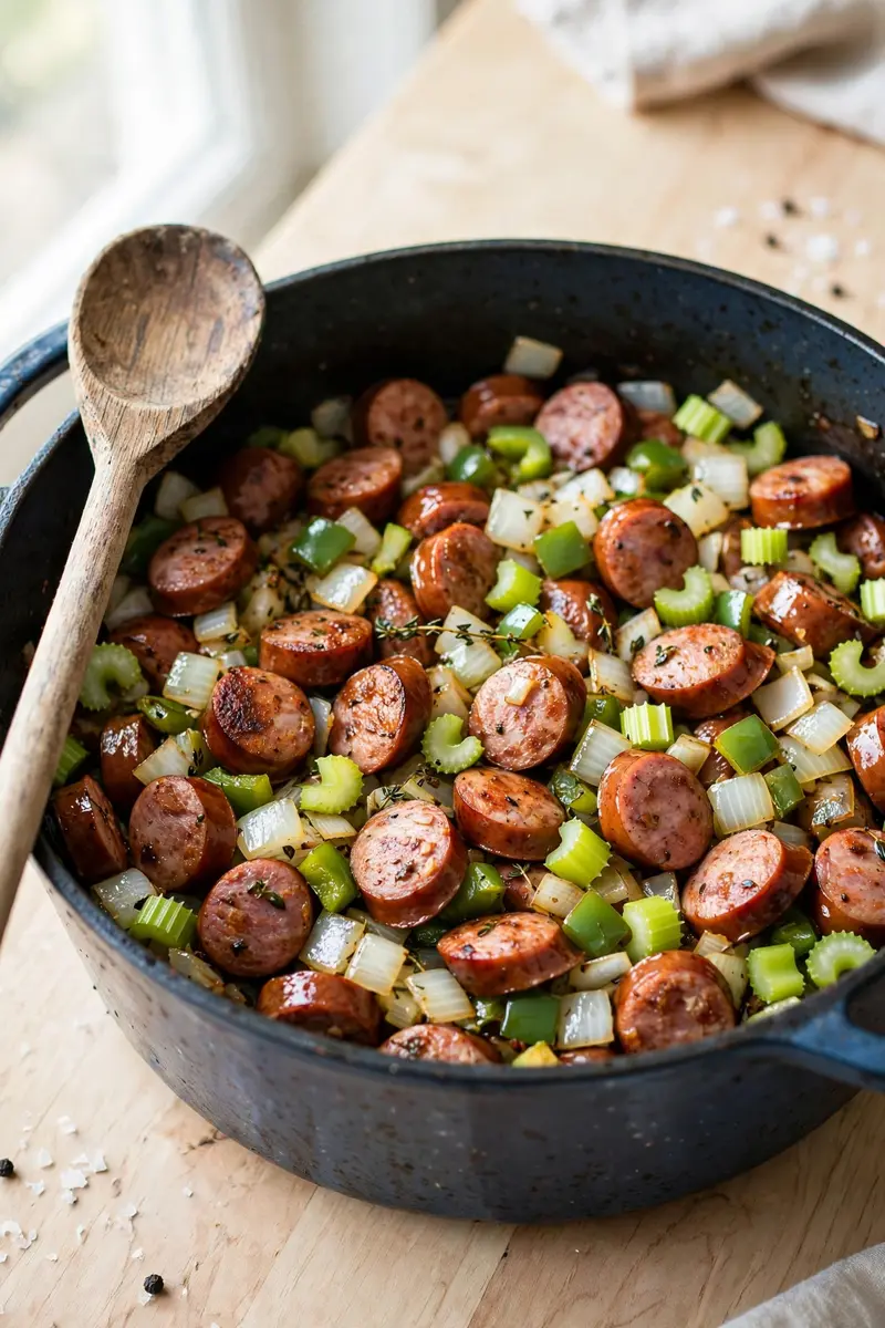 Sausage browning with onion, bell pepper and celery in a pot
