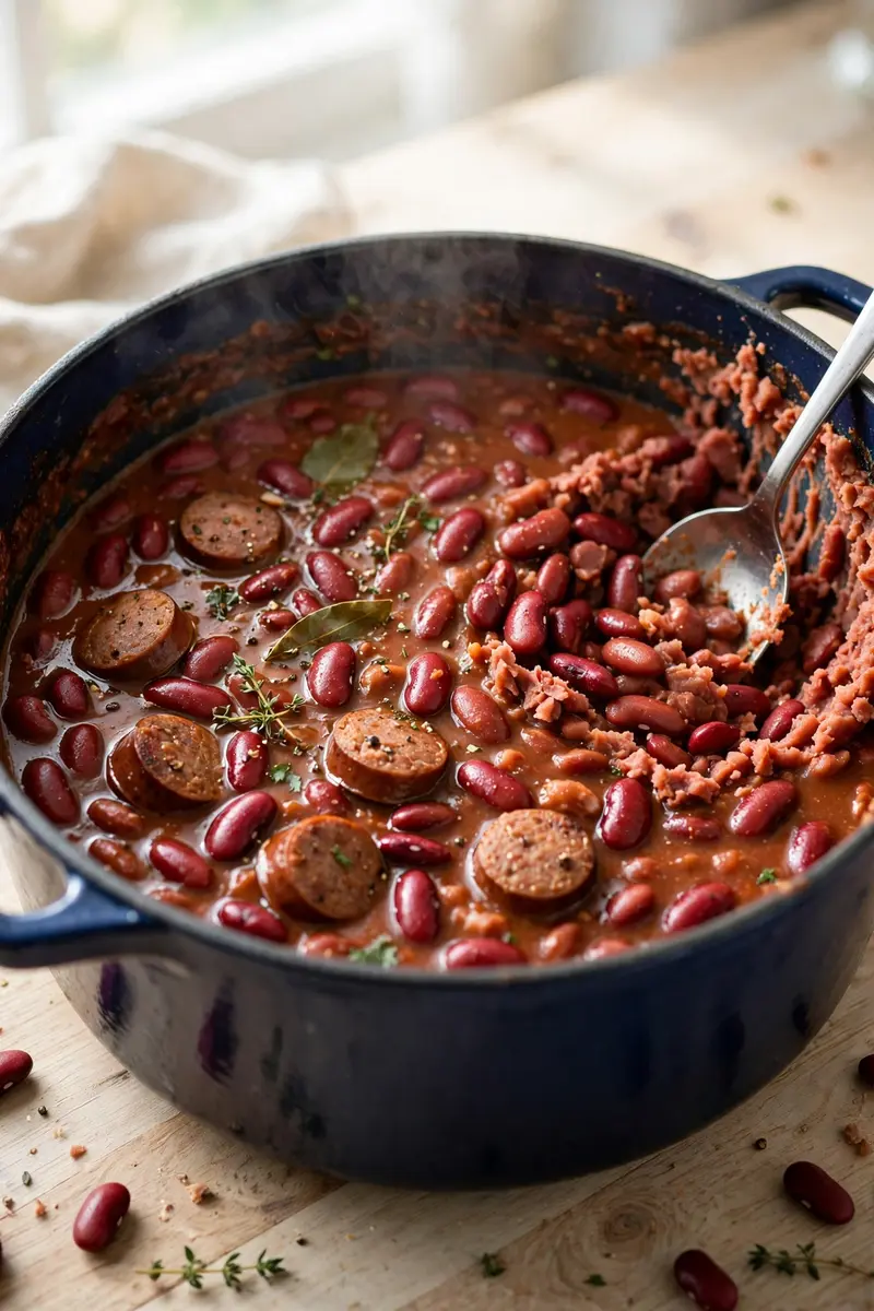 Red beans simmering with sausage in a pot