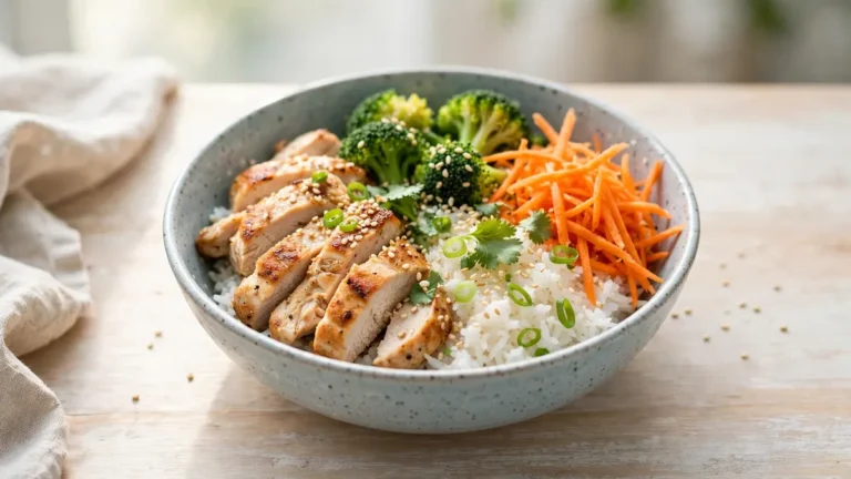Chicken rice bowl recipe with broccoli and carrots