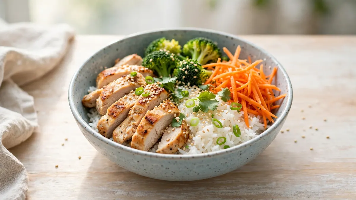 Chicken rice bowl recipe with broccoli and carrots