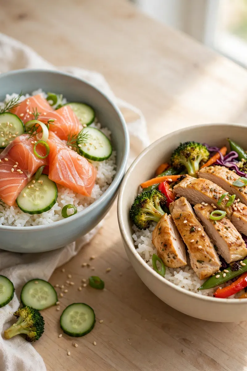 Two finished rice bowls with salmon and chicken toppings