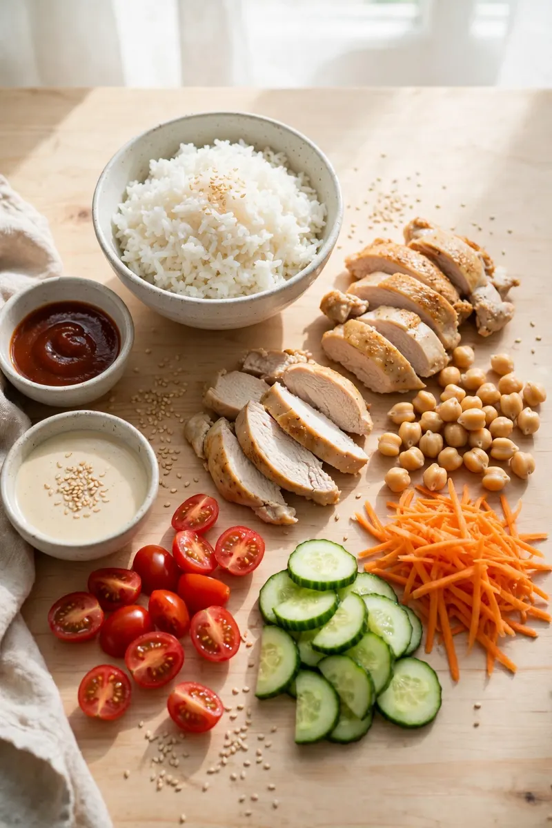 Rice bowl ingredients arranged on a wooden table