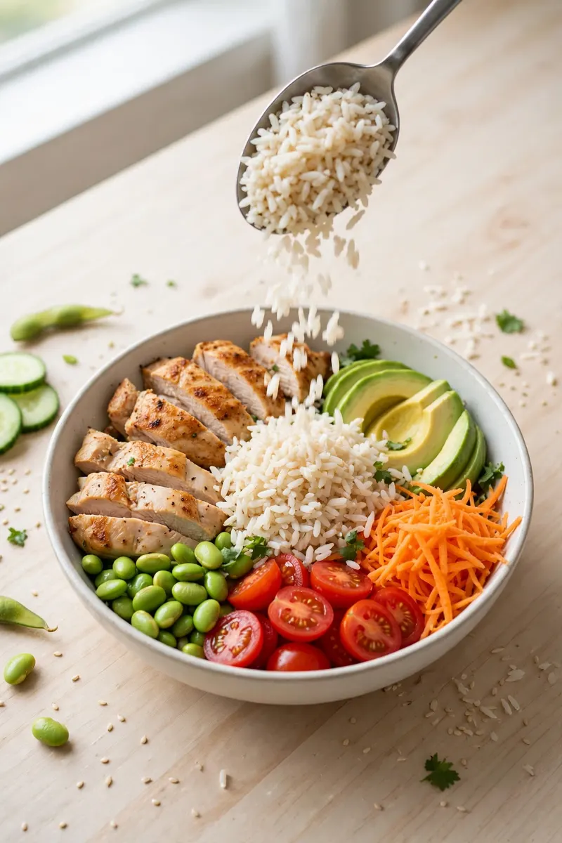 Rice being spooned into a bowl with chicken and vegetables