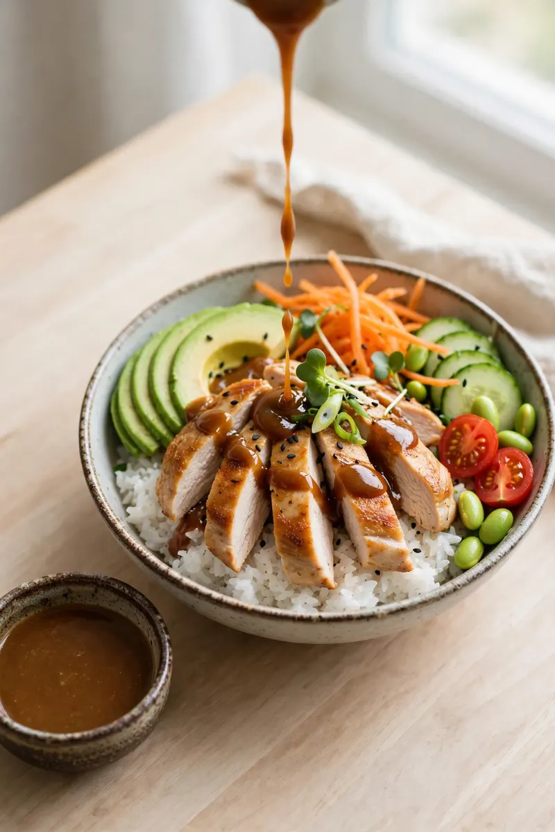 Sauce being drizzled over a finished rice bowl