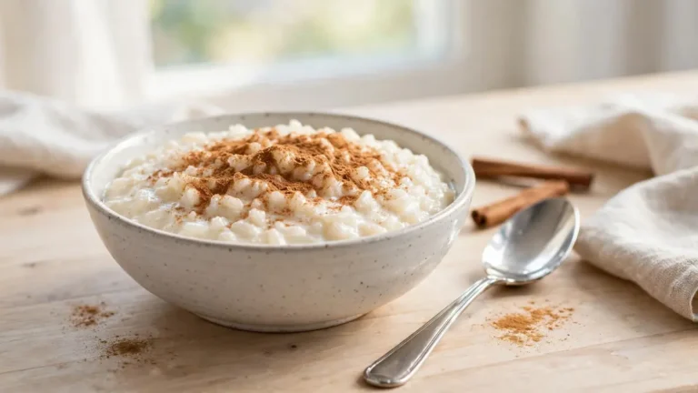 Bowl of creamy rice pudding dusted with cinnamon