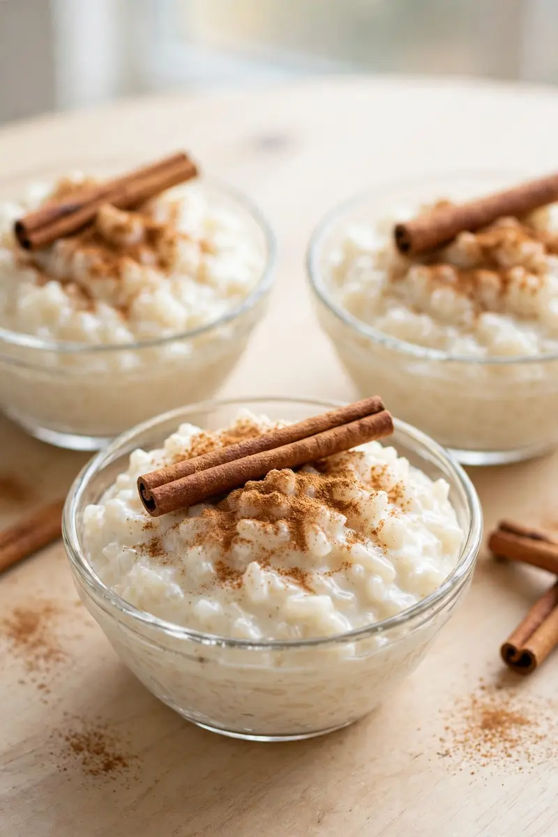Small bowls of creamy rice pudding with cinnamon sticks