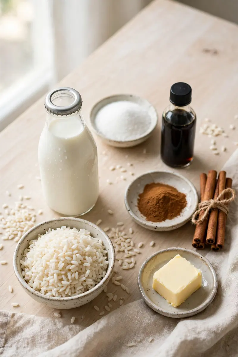 Rice pudding ingredients arranged on a wooden table