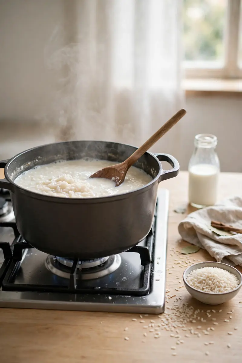 Rice and milk simmering in a pot with a wooden spoon