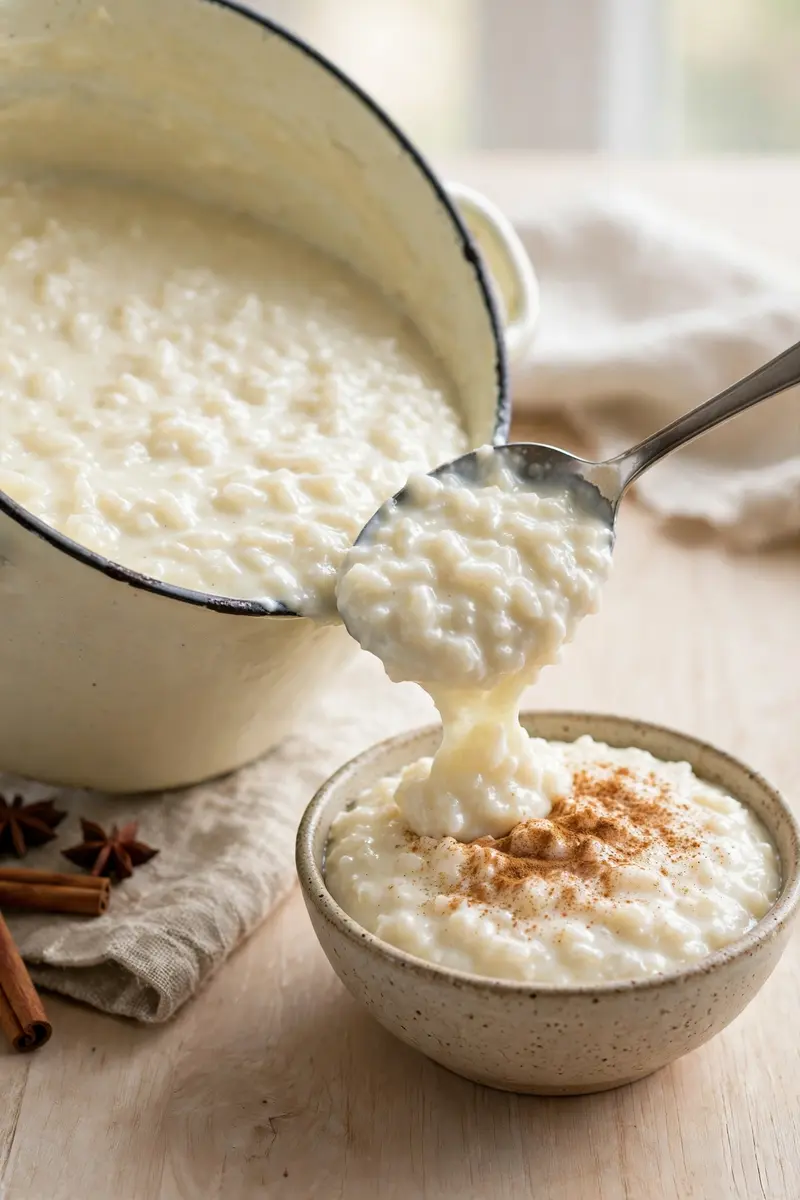 Thick rice pudding being spooned into a bowl